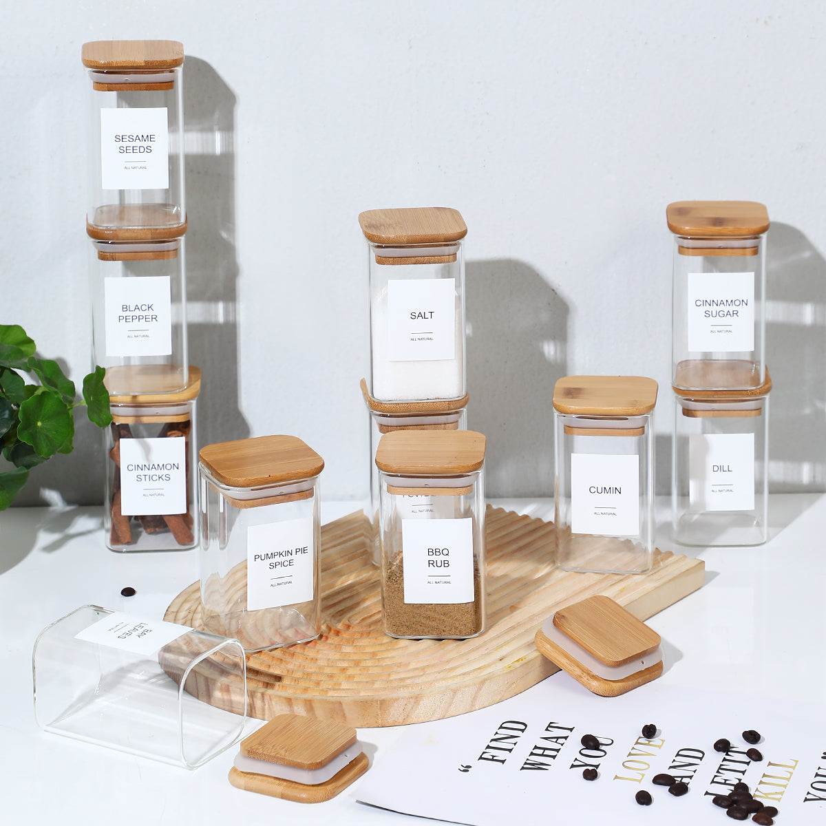 Glass Spice Jars with Bamboo Lids - 12 PACK